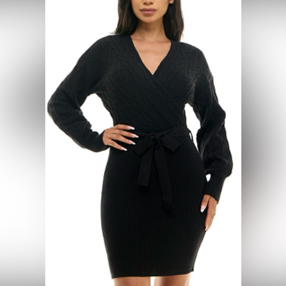 Rosie & Harlow Black Cable Knit Wrap Sweater Dress Tie Waist SZ M NWT
